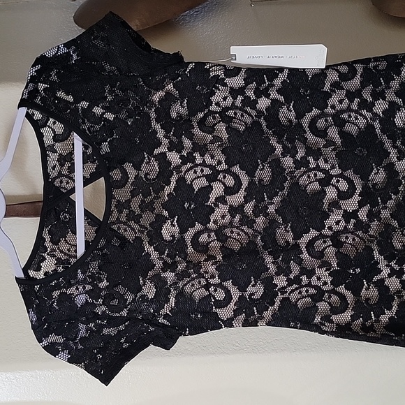 ALMOST FAMOUS Lace Overlaying Beige Spaghetti Strap Dress Blk L Juniors NWT - Picture 2 of 16